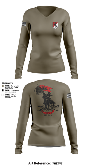 Womens Long Sleeve Vneck Shirt, 58th CEC-A, Army, Teamtime, Team time, sublimation, custom sports apparel, team uniforms, spirit wear, spiritwear, sports uniforms, custom shirts, team store, custom team store, fundraiser sports, apparel fundraiser