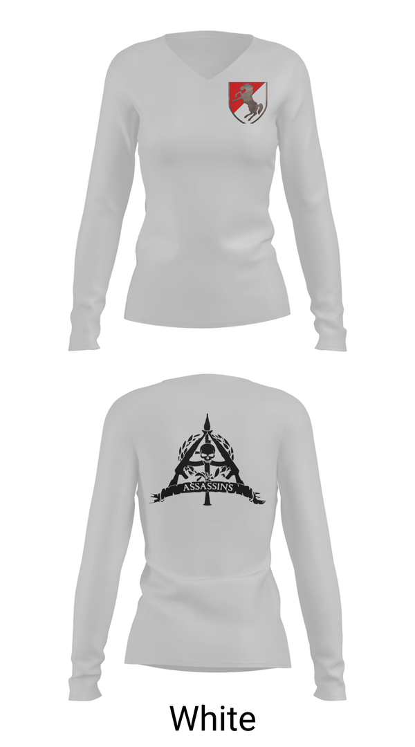 Womens Long Sleeve Vneck Shirt, 1/11 ACR Assassin Troop, Army, Teamtime, Team time, sublimation, custom sports apparel, team uniforms, spirit wear, spiritwear, sports uniforms, custom shirts, team store, custom team store, fundraiser sports, apparel fundraiser