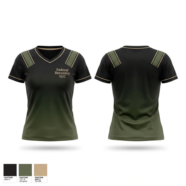 Womens Short Sleeve Vneck Shirt, Federal Recovery LLC, Marines, Teamtime, Team time, sublimation, custom sports apparel, team uniforms, spirit wear, spiritwear, sports uniforms, custom shirts, team store, custom team store, fundraiser sports, apparel fundraiser