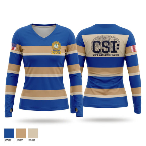Womens Long Sleeve Vneck Shirt, CRIME SCENE UNIT, Police, Teamtime, Team time, sublimation, custom sports apparel, team uniforms, spirit wear, spiritwear, sports uniforms, custom shirts, team store, custom team store, fundraiser sports, apparel fundraiser