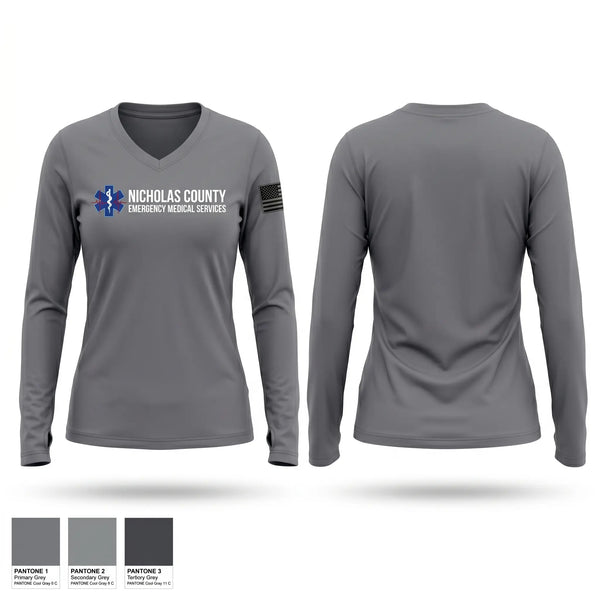 Womens Long Sleeve Vneck Shirt, Nicholas County EMS, EMS/EMT, Teamtime, Team time, sublimation, custom sports apparel, team uniforms, spirit wear, spiritwear, sports uniforms, custom shirts, team store, custom team store, fundraiser sports, apparel fundraiser