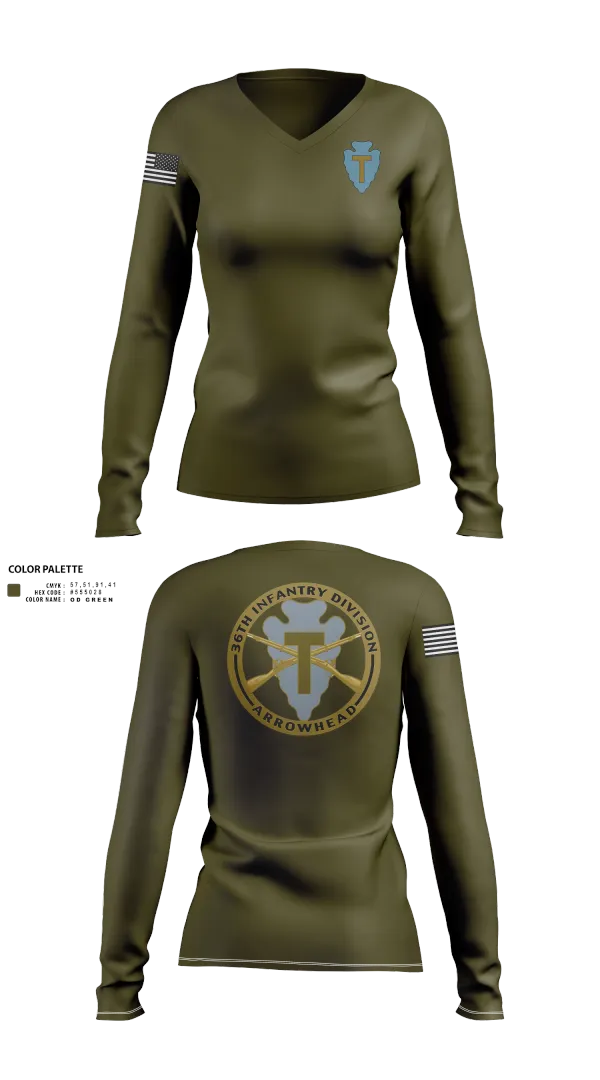 Womens Long Sleeve Vneck Shirt, 36th Infantry Division A Co 1-141, , Teamtime, Team time, sublimation, custom sports apparel, team uniforms, spirit wear, spiritwear, sports uniforms, custom shirts, team store, custom team store, fundraiser sports, apparel fundraiser