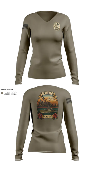Womens Long Sleeve Vneck Shirt, USS Kidd, Navy, Teamtime, Team time, sublimation, custom sports apparel, team uniforms, spirit wear, spiritwear, sports uniforms, custom shirts, team store, custom team store, fundraiser sports, apparel fundraiser