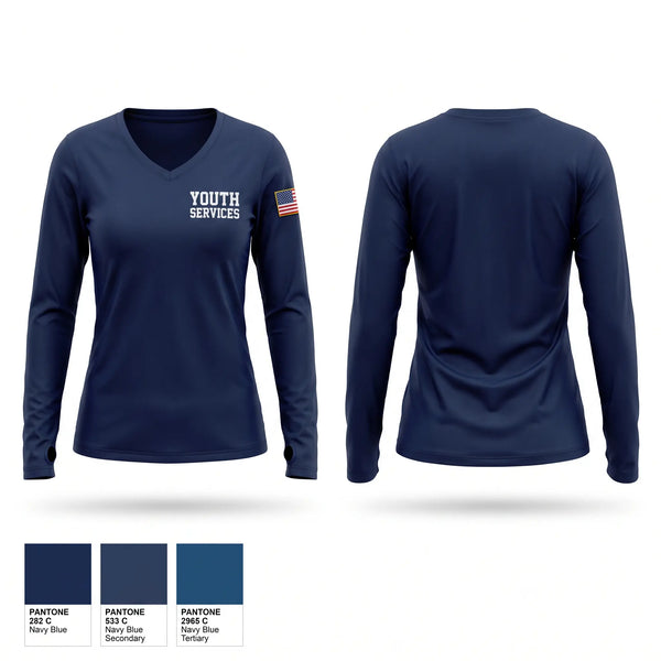 Womens Long Sleeve Vneck Shirt, Youth Services, Police, Teamtime, Team time, sublimation, custom sports apparel, team uniforms, spirit wear, spiritwear, sports uniforms, custom shirts, team store, custom team store, fundraiser sports, apparel fundraiser