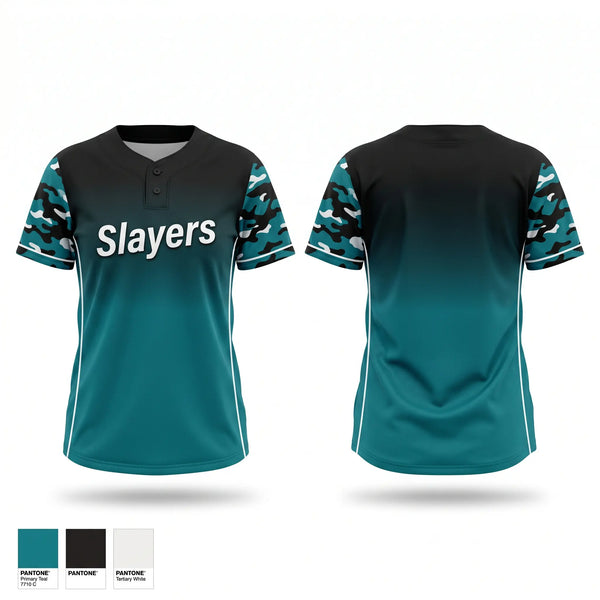 Two Button Softball Jersey, Slayers, Softball, Teamtime, Team time, sublimation, custom sports apparel, team uniforms, spirit wear, spiritwear, sports uniforms, custom shirts, team store, custom team store, fundraiser sports, apparel fundraiser