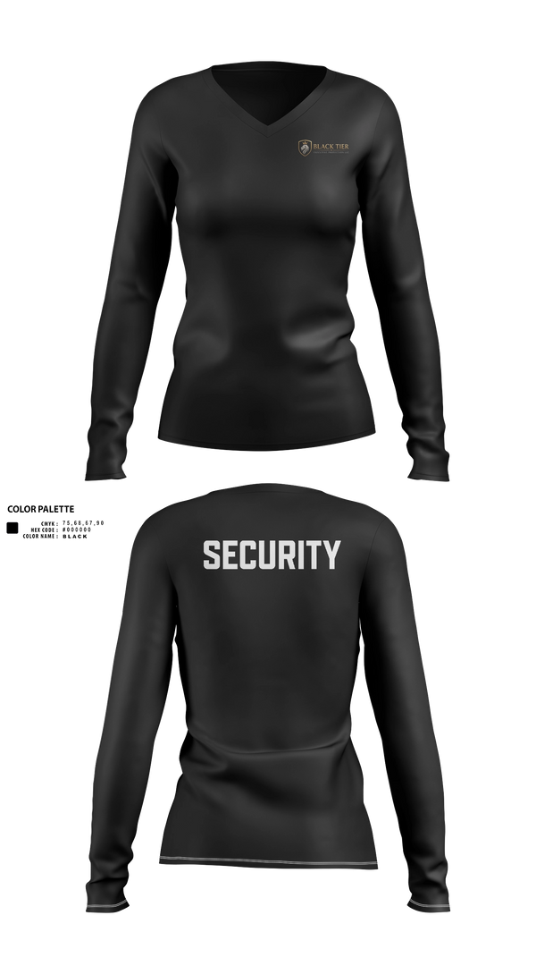 Womens Long Sleeve Vneck Shirt, Black Tier Executive Protection, , Teamtime, Team time, sublimation, custom sports apparel, team uniforms, spirit wear, spiritwear, sports uniforms, custom shirts, team store, custom team store, fundraiser sports, apparel fundraiser