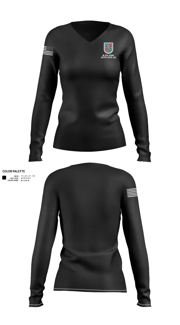 Womens Long Sleeve Vneck Shirt, B.CO GSB 20th SFG(A), , Teamtime, Team time, sublimation, custom sports apparel, team uniforms, spirit wear, spiritwear, sports uniforms, custom shirts, team store, custom team store, fundraiser sports, apparel fundraiser