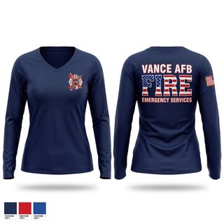 Womens Long Sleeve Vneck Shirt, Vance AFB Fire & Emergency Services, Fire Department, Teamtime, Team time, sublimation, custom sports apparel, team uniforms, spirit wear, spiritwear, sports uniforms, custom shirts, team store, custom team store, fundraiser sports, apparel fundraiser