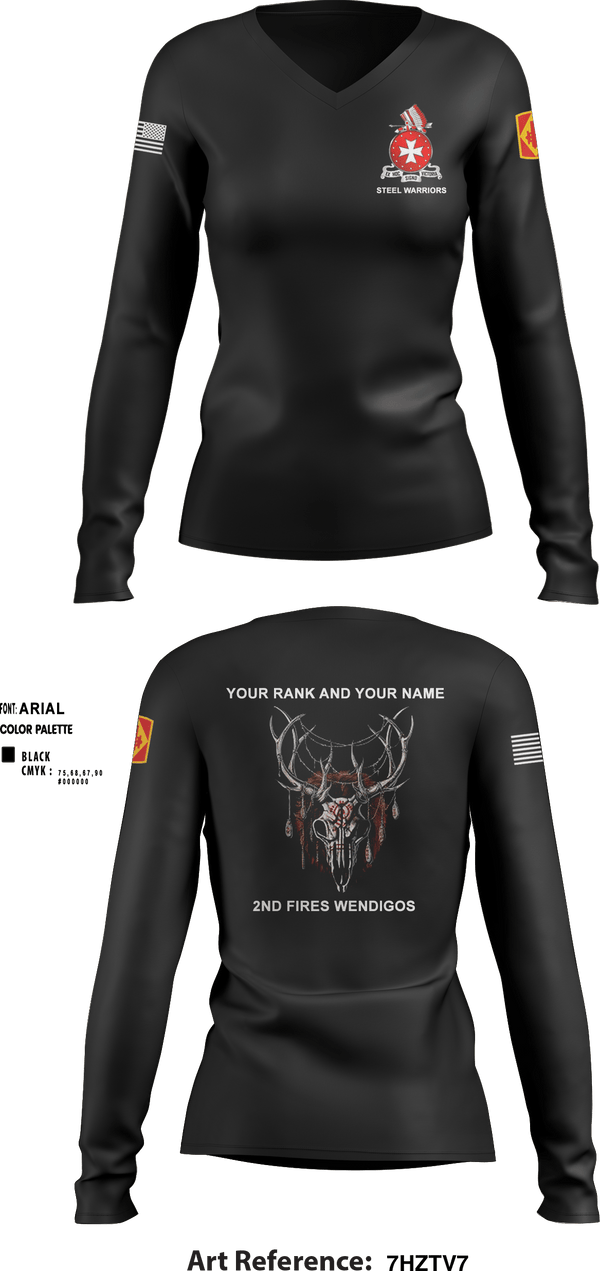 Women's Long Sleeve Vneck Shirt, Bravo 1st BN 14th FAR, Army, Teamtime, Team time, sublimation, custom sports apparel, team uniforms, spirit wear, spiritwear, sports uniforms, custom shirts, team store, custom team store, fundraiser sports, apparel fundraiser