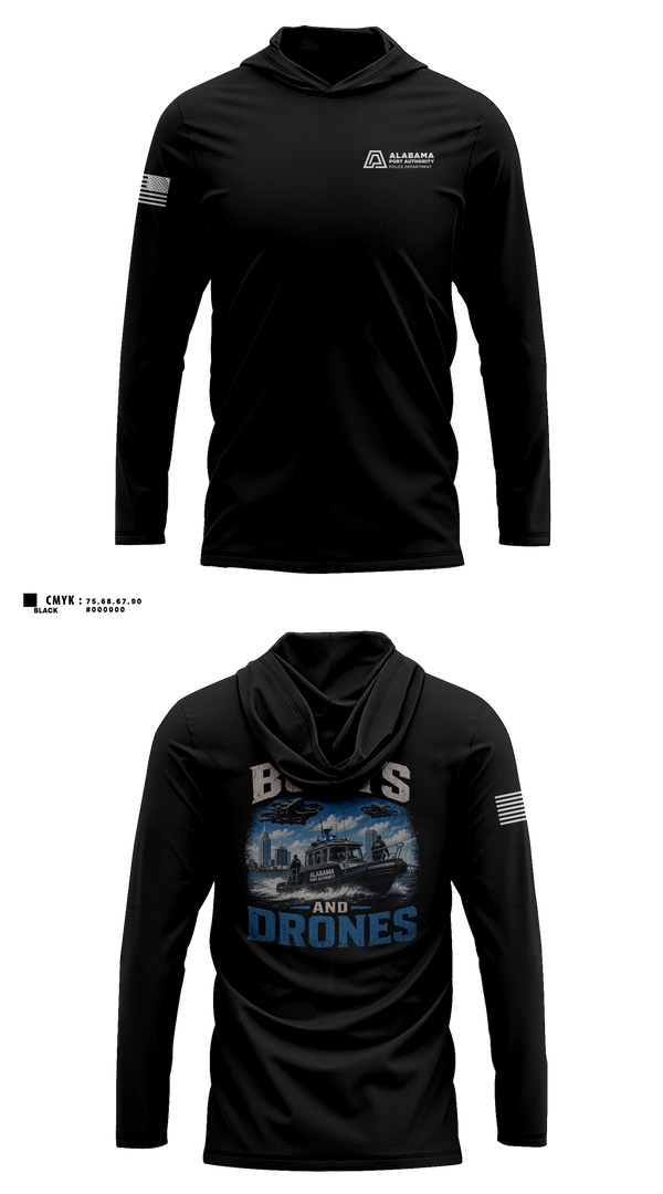 Long Sleeve hooded sunshirt, Alabama Port Authority Police, Police, Teamtime, Team time, sublimation, custom sports apparel, team uniforms, spirit wear, spiritwear, sports uniforms, custom shirts, team store, custom team store, fundraiser sports, apparel fundraiser