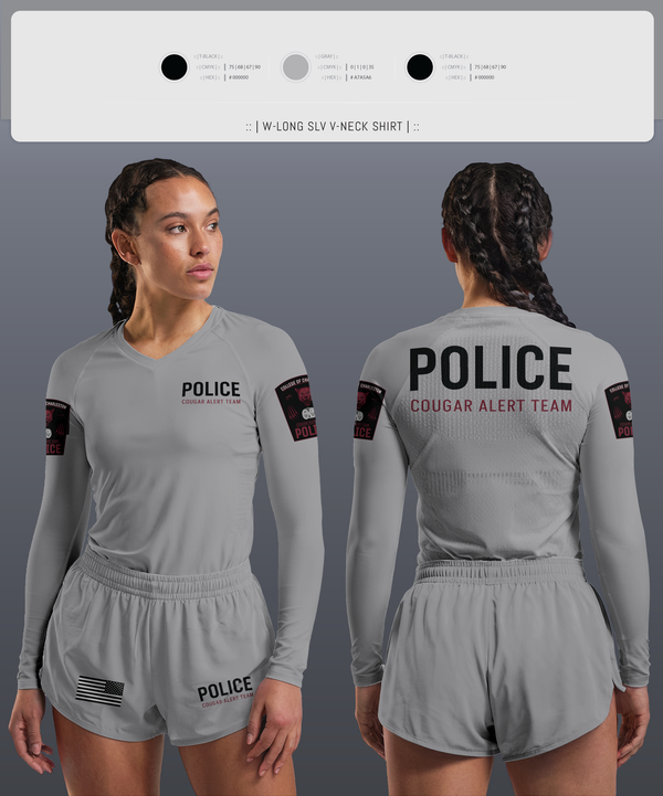 Womens Long Sleeve Vneck Shirt, Cougar Alert Team 1, Police, Teamtime, Team time, sublimation, custom sports apparel, team uniforms, spirit wear, spiritwear, sports uniforms, custom shirts, team store, custom team store, fundraiser sports, apparel fundraiser