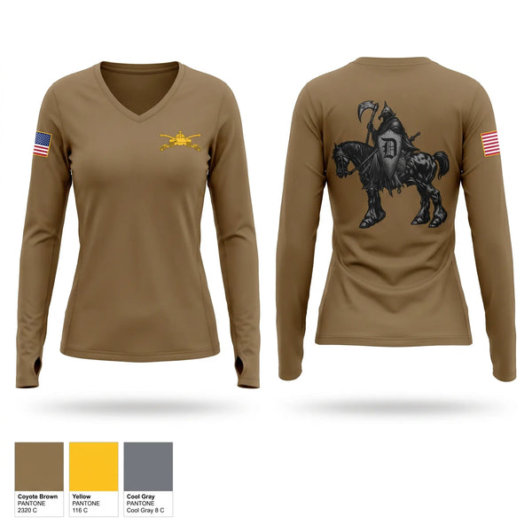 Womens Long Sleeve Vneck Shirt, Defender Troop 1-94 CAV, National Guard, Teamtime, Team time, sublimation, custom sports apparel, team uniforms, spirit wear, spiritwear, sports uniforms, custom shirts, team store, custom team store, fundraiser sports, apparel fundraiser