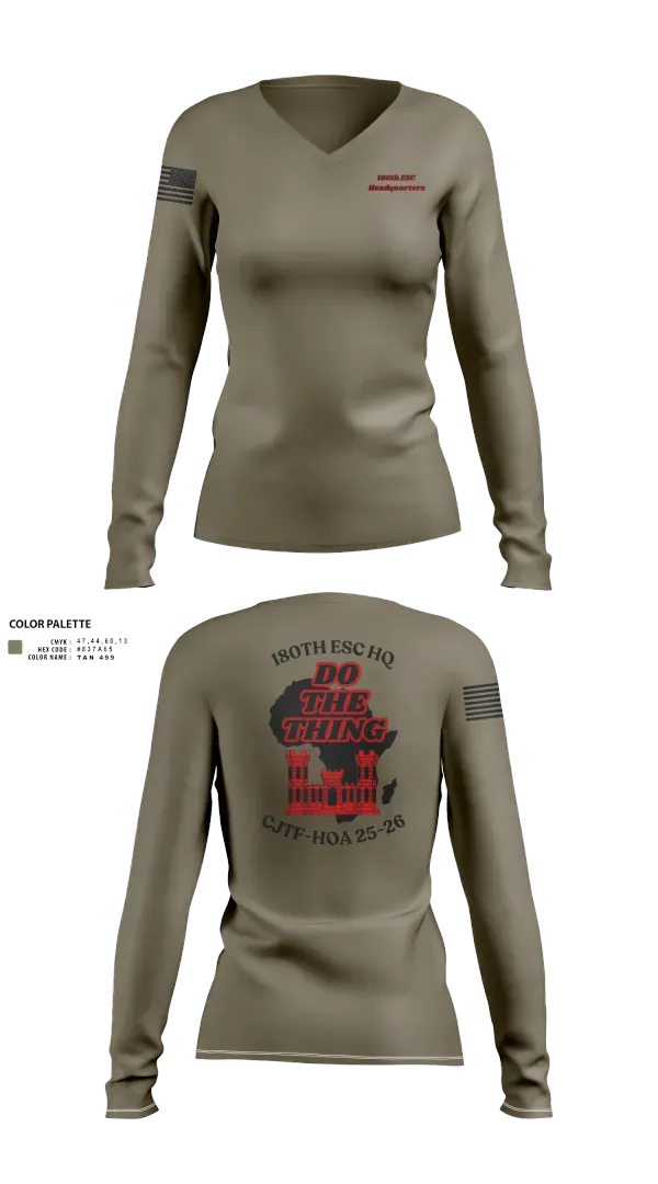 Womens Long Sleeve Vneck Shirt, 180th ESC, Army, Teamtime, Team time, sublimation, custom sports apparel, team uniforms, spirit wear, spiritwear, sports uniforms, custom shirts, team store, custom team store, fundraiser sports, apparel fundraiser