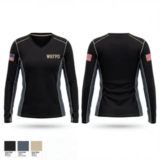 Womens Long Sleeve Vneck Shirt, WRFPD, Fire Department, Teamtime, Team time, sublimation, custom sports apparel, team uniforms, spirit wear, spiritwear, sports uniforms, custom shirts, team store, custom team store, fundraiser sports, apparel fundraiser