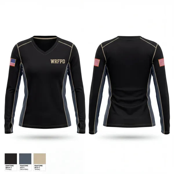 Womens Long Sleeve Vneck Shirt, WRFPD, Fire Department, Teamtime, Team time, sublimation, custom sports apparel, team uniforms, spirit wear, spiritwear, sports uniforms, custom shirts, team store, custom team store, fundraiser sports, apparel fundraiser
