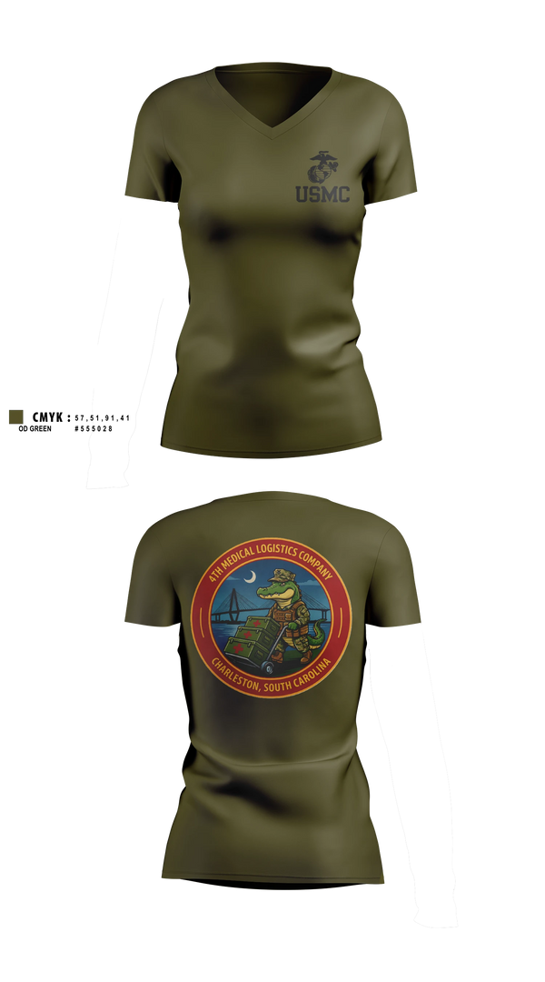 Womens Short Sleeve Vneck Shirt, 4th Medical Logistics Company, Marines, Teamtime, Team time, sublimation, custom sports apparel, team uniforms, spirit wear, spiritwear, sports uniforms, custom shirts, team store, custom team store, fundraiser sports, apparel fundraiser