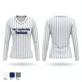 Womens Long Sleeve Vneck Shirt, Fort Lauderdale Yankees, Baseball, Teamtime, Team time, sublimation, custom sports apparel, team uniforms, spirit wear, spiritwear, sports uniforms, custom shirts, team store, custom team store, fundraiser sports, apparel fundraiser