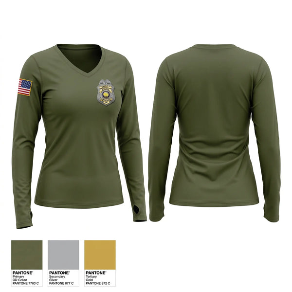 Womens Long Sleeve Vneck Shirt, Shirley Police Department, Police, Teamtime, Team time, sublimation, custom sports apparel, team uniforms, spirit wear, spiritwear, sports uniforms, custom shirts, team store, custom team store, fundraiser sports, apparel fundraiser