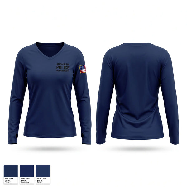 Womens Long Sleeve Vneck Shirt, Andalusia Police Department, Police, Teamtime, Team time, sublimation, custom sports apparel, team uniforms, spirit wear, spiritwear, sports uniforms, custom shirts, team store, custom team store, fundraiser sports, apparel fundraiser