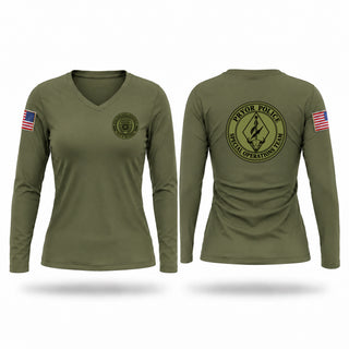 Womens Long Sleeve Vneck Shirt, Pryor SOT, Police, Teamtime, Team time, sublimation, custom sports apparel, team uniforms, spirit wear, spiritwear, sports uniforms, custom shirts, team store, custom team store, fundraiser sports, apparel fundraiser