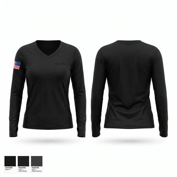 Womens Long Sleeve Vneck Shirt, medcor, EMS/EMT, Teamtime, Team time, sublimation, custom sports apparel, team uniforms, spirit wear, spiritwear, sports uniforms, custom shirts, team store, custom team store, fundraiser sports, apparel fundraiser