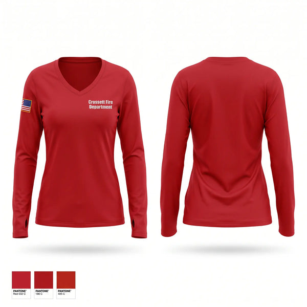 Womens Long Sleeve Vneck Shirt, Crossett Fire Department, Fire Department, Teamtime, Team time, sublimation, custom sports apparel, team uniforms, spirit wear, spiritwear, sports uniforms, custom shirts, team store, custom team store, fundraiser sports, apparel fundraiser