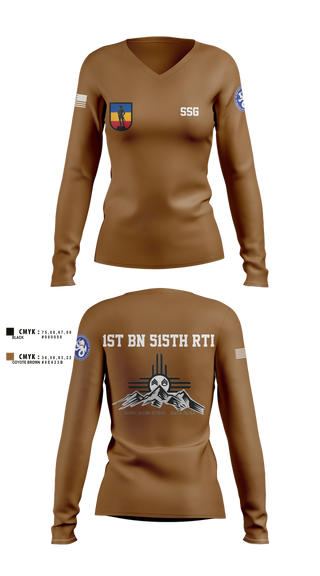 Womens Long Sleeve Vneck Shirt, 1st BN 515th RTI, Army, Teamtime, Team time, sublimation, custom sports apparel, team uniforms, spirit wear, spiritwear, sports uniforms, custom shirts, team store, custom team store, fundraiser sports, apparel fundraiser