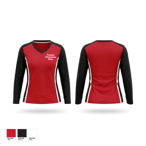 Womens Long Sleeve Vneck Shirt, Freeport Intermediate Cheer, Cheer, Teamtime, Team time, sublimation, custom sports apparel, team uniforms, spirit wear, spiritwear, sports uniforms, custom shirts, team store, custom team store, fundraiser sports, apparel fundraiser