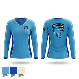 Womens Long Sleeve Vneck Shirt, The Eye of the Storm Marching Band, Track & Field, Teamtime, Team time, sublimation, custom sports apparel, team uniforms, spirit wear, spiritwear, sports uniforms, custom shirts, team store, custom team store, fundraiser sports, apparel fundraiser