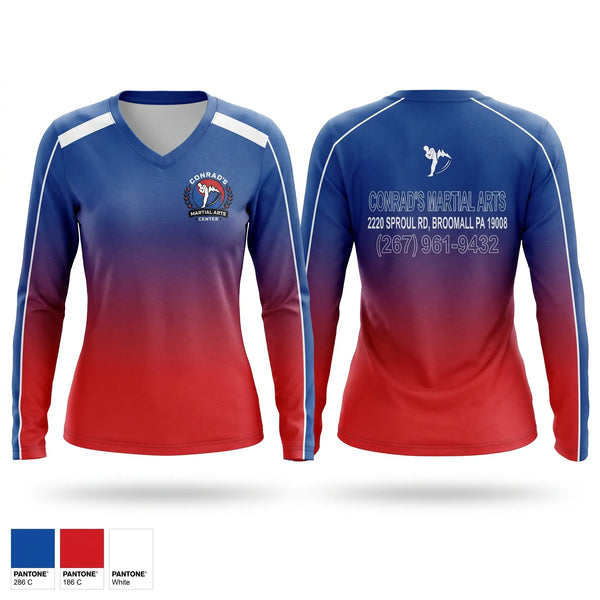Womens Long Sleeve Vneck Shirt, Conrad’s Martial Arts Center, Spirit Store, Teamtime, Team time, sublimation, custom sports apparel, team uniforms, spirit wear, spiritwear, sports uniforms, custom shirts, team store, custom team store, fundraiser sports, apparel fundraiser
