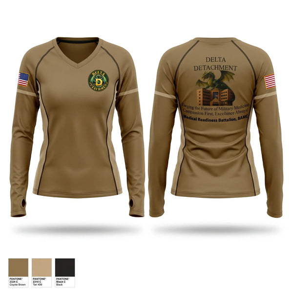 Womens Long Sleeve Vneck Shirt, D DET, MRBN, BAMC Dragons, Army, Teamtime, Team time, sublimation, custom sports apparel, team uniforms, spirit wear, spiritwear, sports uniforms, custom shirts, team store, custom team store, fundraiser sports, apparel fundraiser