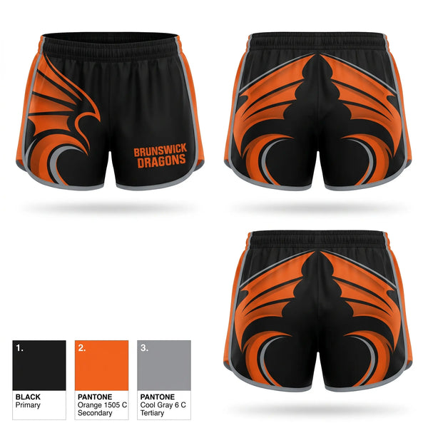 Womens Shorts, Brunswick Dragons, Women's Basketball, Teamtime, Team time, sublimation, custom sports apparel, team uniforms, spirit wear, spiritwear, sports uniforms, custom shirts, team store, custom team store, fundraiser sports, apparel fundraiser