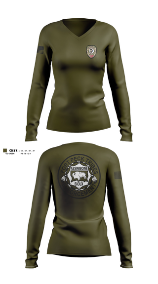 Womens Long Sleeve Vneck Shirt, Fort Peck Tribal Fish & Game, Space Force, Teamtime, Team time, sublimation, custom sports apparel, team uniforms, spirit wear, spiritwear, sports uniforms, custom shirts, team store, custom team store, fundraiser sports, apparel fundraiser