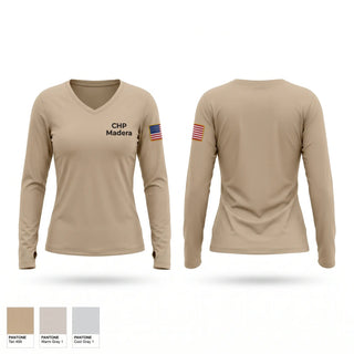 Womens Long Sleeve Vneck Shirt, CHP Madera, Police, Teamtime, Team time, sublimation, custom sports apparel, team uniforms, spirit wear, spiritwear, sports uniforms, custom shirts, team store, custom team store, fundraiser sports, apparel fundraiser