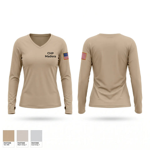 Womens Long Sleeve Vneck Shirt, CHP Madera, Police, Teamtime, Team time, sublimation, custom sports apparel, team uniforms, spirit wear, spiritwear, sports uniforms, custom shirts, team store, custom team store, fundraiser sports, apparel fundraiser