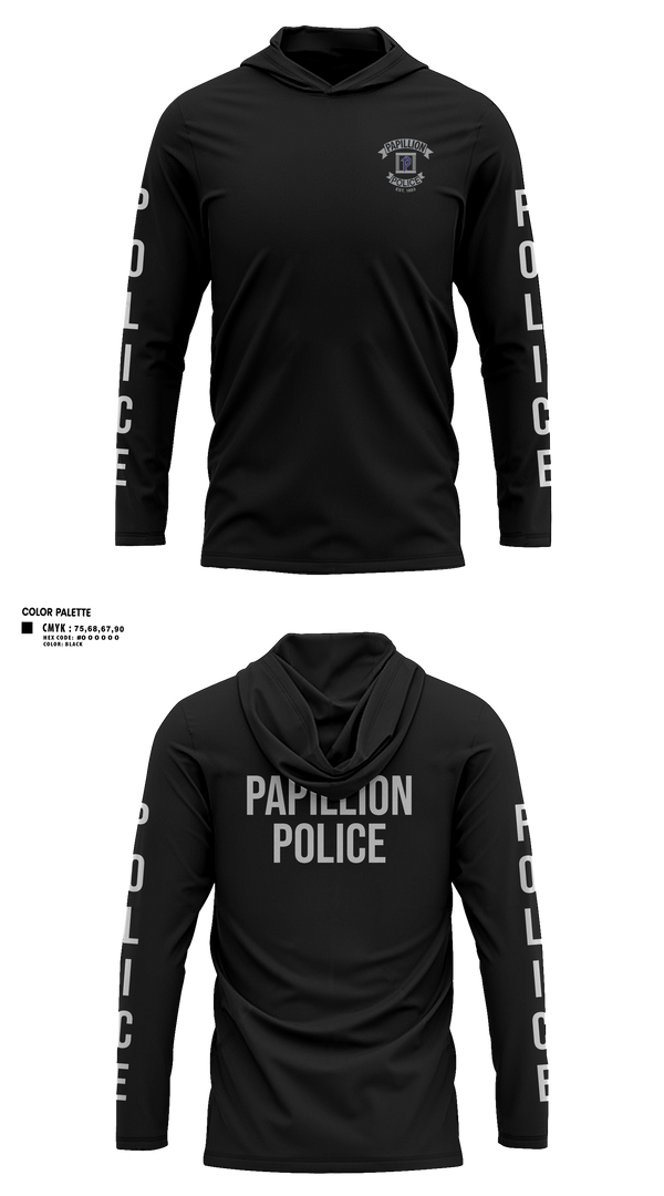 Long Sleeve Performance Shirt with hood, Papillion Police Department, Police, Teamtime, Team time, sublimation, custom sports apparel, team uniforms, spirit wear, spiritwear, sports uniforms, custom shirts, team store, custom team store, fundraiser sports, apparel fundraiser