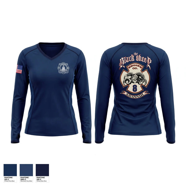 Womens Long Sleeve Vneck Shirt, Engine 8, Fire Department, Teamtime, Team time, sublimation, custom sports apparel, team uniforms, spirit wear, spiritwear, sports uniforms, custom shirts, team store, custom team store, fundraiser sports, apparel fundraiser