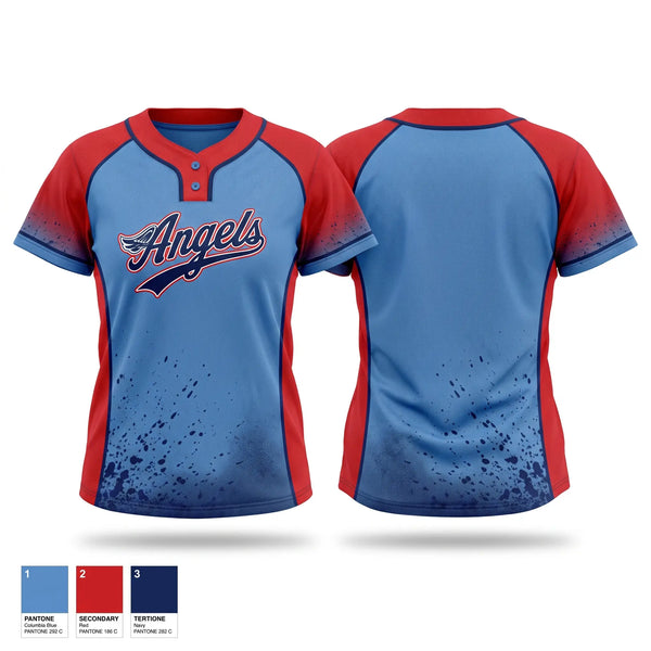 Two Button Softball Jersey, Angels, Softball, Teamtime, Team time, sublimation, custom sports apparel, team uniforms, spirit wear, spiritwear, sports uniforms, custom shirts, team store, custom team store, fundraiser sports, apparel fundraiser