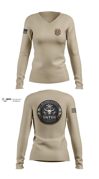 Womens Long Sleeve Vneck Shirt, Sicangu Nation Tribal Defense Solutions Emergency Medical Response Unit (SNTDS‑EMRU), EMS/EMT, Teamtime, Team time, sublimation, custom sports apparel, team uniforms, spirit wear, spiritwear, sports uniforms, custom shirts, team store, custom team store, fundraiser sports, apparel fundraiser