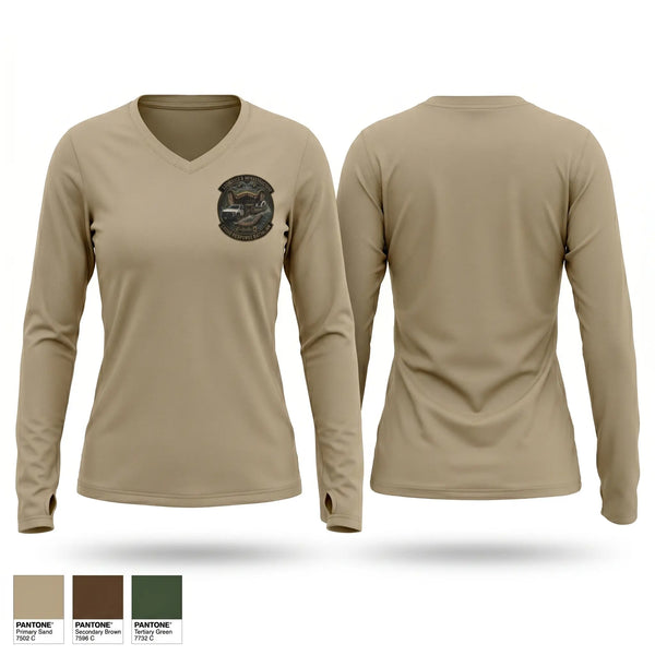 Womens Long Sleeve Vneck Shirt, Logistics & Infrastructure Platoon Crisis Response Battalion, National Guard, Teamtime, Team time, sublimation, custom sports apparel, team uniforms, spirit wear, spiritwear, sports uniforms, custom shirts, team store, custom team store, fundraiser sports, apparel fundraiser
