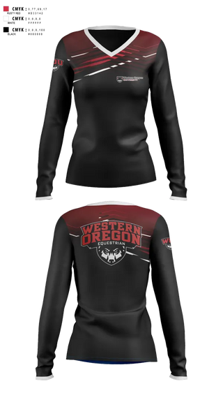 Womens Long Sleeve Vneck Shirt, Western Oregon University Equestrian, Spirit Store, Teamtime, Team time, sublimation, custom sports apparel, team uniforms, spirit wear, spiritwear, sports uniforms, custom shirts, team store, custom team store, fundraiser sports, apparel fundraiser