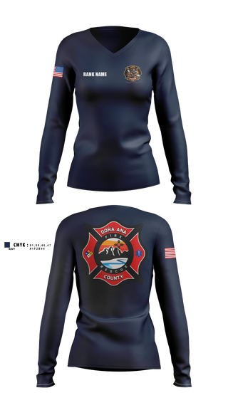 Womens Long Sleeve Vneck Shirt, Dona Ana fire Rescue Station 42, Fire Department, Teamtime, Team time, sublimation, custom sports apparel, team uniforms, spirit wear, spiritwear, sports uniforms, custom shirts, team store, custom team store, fundraiser sports, apparel fundraiser