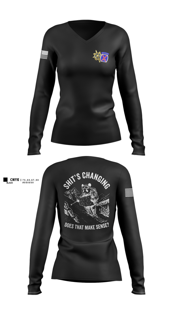 Womens Long Sleeve Vneck Shirt, 10th MTN, G2 ACE, Army, Teamtime, Team time, sublimation, custom sports apparel, team uniforms, spirit wear, spiritwear, sports uniforms, custom shirts, team store, custom team store, fundraiser sports, apparel fundraiser