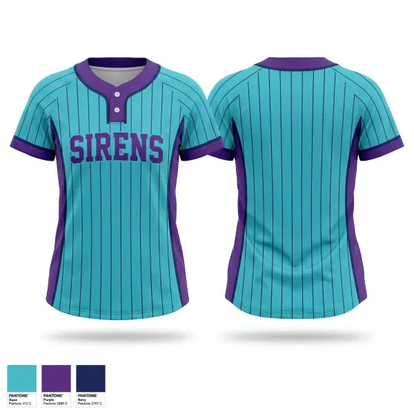 Two Button Softball Jersey, Sirens, Softball, Teamtime, Team time, sublimation, custom sports apparel, team uniforms, spirit wear, spiritwear, sports uniforms, custom shirts, team store, custom team store, fundraiser sports, apparel fundraiser