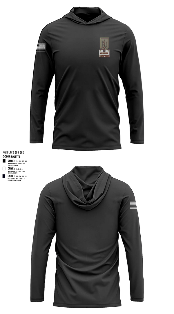 Long Sleeve hooded sunshirt, Crusher Company, Army, Teamtime, Team time, sublimation, custom sports apparel, team uniforms, spirit wear, spiritwear, sports uniforms, custom shirts, team store, custom team store, fundraiser sports, apparel fundraiser