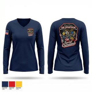 Womens Long Sleeve Vneck Shirt, East Knox Special Ops, Fire Department, Teamtime, Team time, sublimation, custom sports apparel, team uniforms, spirit wear, spiritwear, sports uniforms, custom shirts, team store, custom team store, fundraiser sports, apparel fundraiser