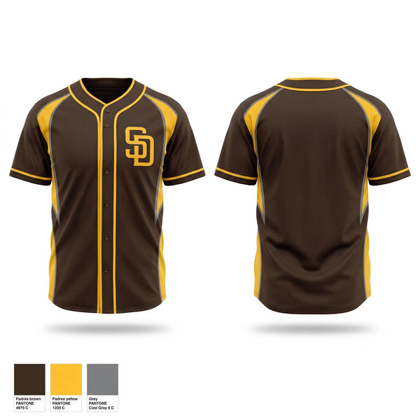 Full Button Baseball Jersey, Padres, Baseball, Teamtime, Team time, sublimation, custom sports apparel, team uniforms, spirit wear, spiritwear, sports uniforms, custom shirts, team store, custom team store, fundraiser sports, apparel fundraiser