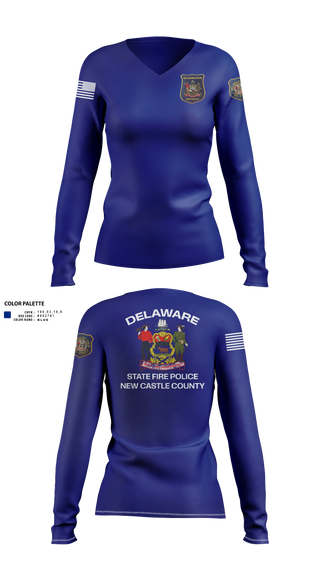 Womens Long Sleeve Vneck Shirt, Delaware State Fire Polic, Police, Teamtime, Team time, sublimation, custom sports apparel, team uniforms, spirit wear, spiritwear, sports uniforms, custom shirts, team store, custom team store, fundraiser sports, apparel fundraiser