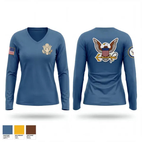 Womens Long Sleeve Vneck Shirt, Christiana high school NJROTC, Navy, Teamtime, Team time, sublimation, custom sports apparel, team uniforms, spirit wear, spiritwear, sports uniforms, custom shirts, team store, custom team store, fundraiser sports, apparel fundraiser