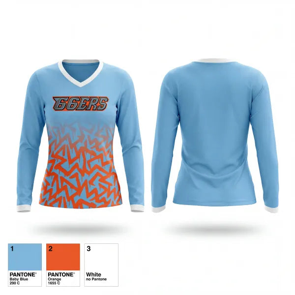 Womens Long Sleeve Vneck Shirt, 66ers, Baseball, Teamtime, Team time, sublimation, custom sports apparel, team uniforms, spirit wear, spiritwear, sports uniforms, custom shirts, team store, custom team store, fundraiser sports, apparel fundraiser
